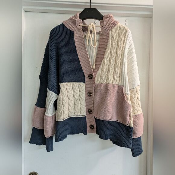 POL Pink and Blue Cardigan with Unique Colorblock Design - Picture 1 of 6